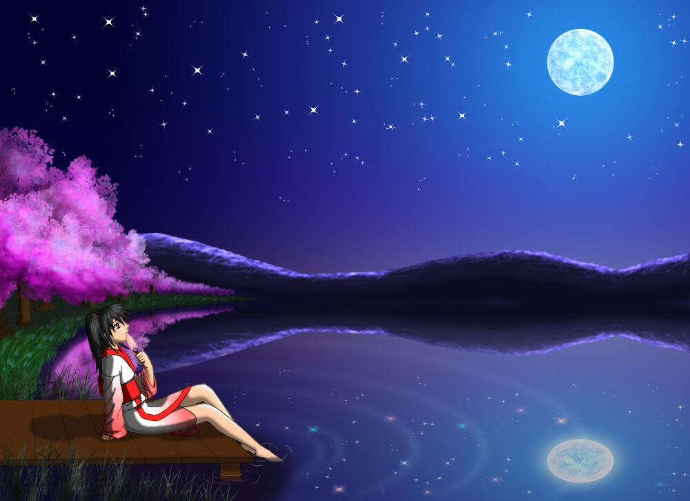 A girl wearing a red and white yukata, sits by a calm lake at night, staring at the full moon.