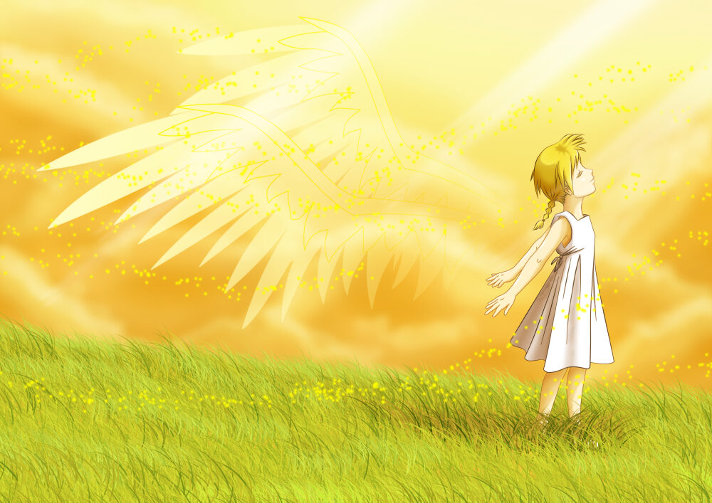 A young girl in a white dress, standing in a grass field with faded wings coming out from her back.
