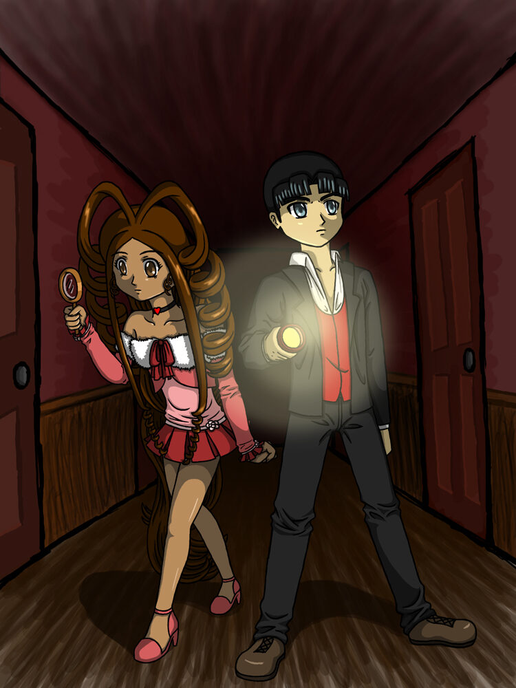 Digital illustration of a girl and boy walking through a dark hallway, the girl is holding a magnifying glass and the boy is holding a light torch.