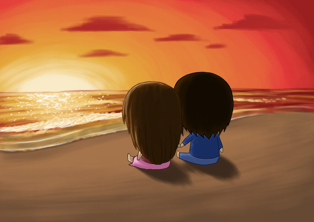 A boy and girl watches the sunset on the beach.