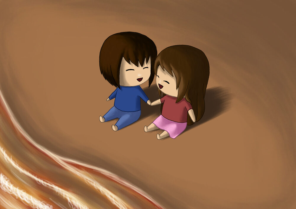 Both boy and girl smile at each other on the beach.