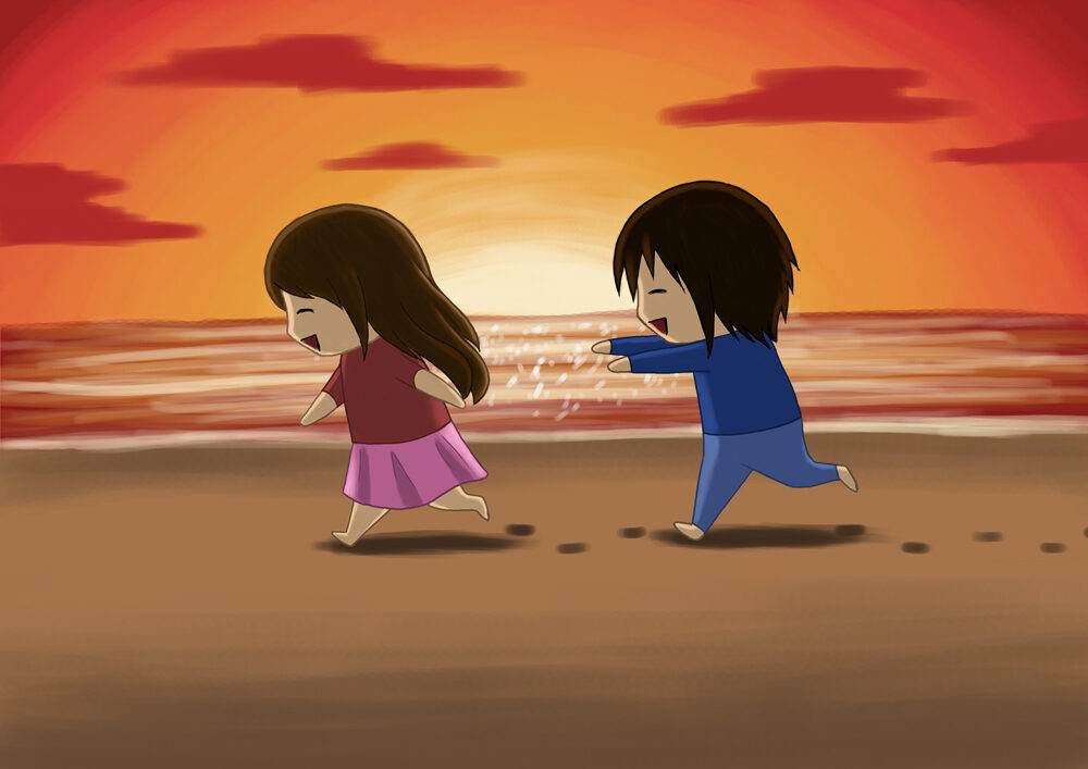 Boy playfully chases girl on the sunset beach.