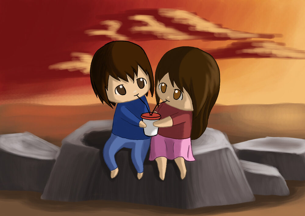 Both boy and girl shares a drink together sitting on a rock at the sunset beach.
