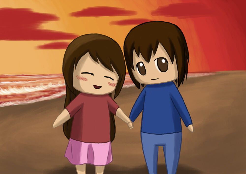 Boy and girl both hold hands smiling at the camera on the sunset beach.