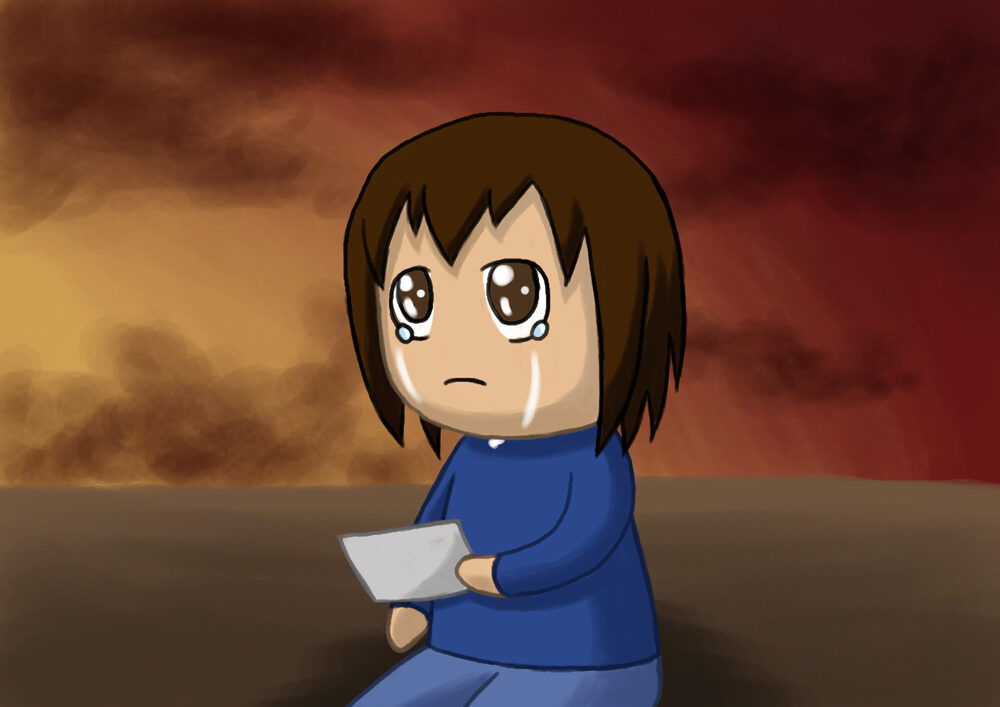 Boy shed tears looking up from the photo in his hand while siting on the same sunset beach alone.