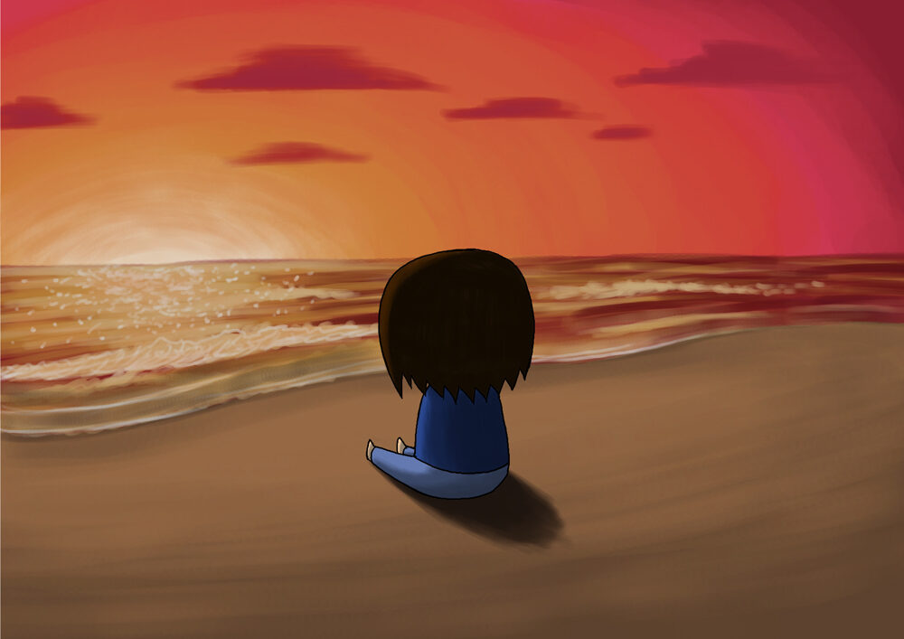 Boy solemnly watches the ocean alone on the sunset beach.