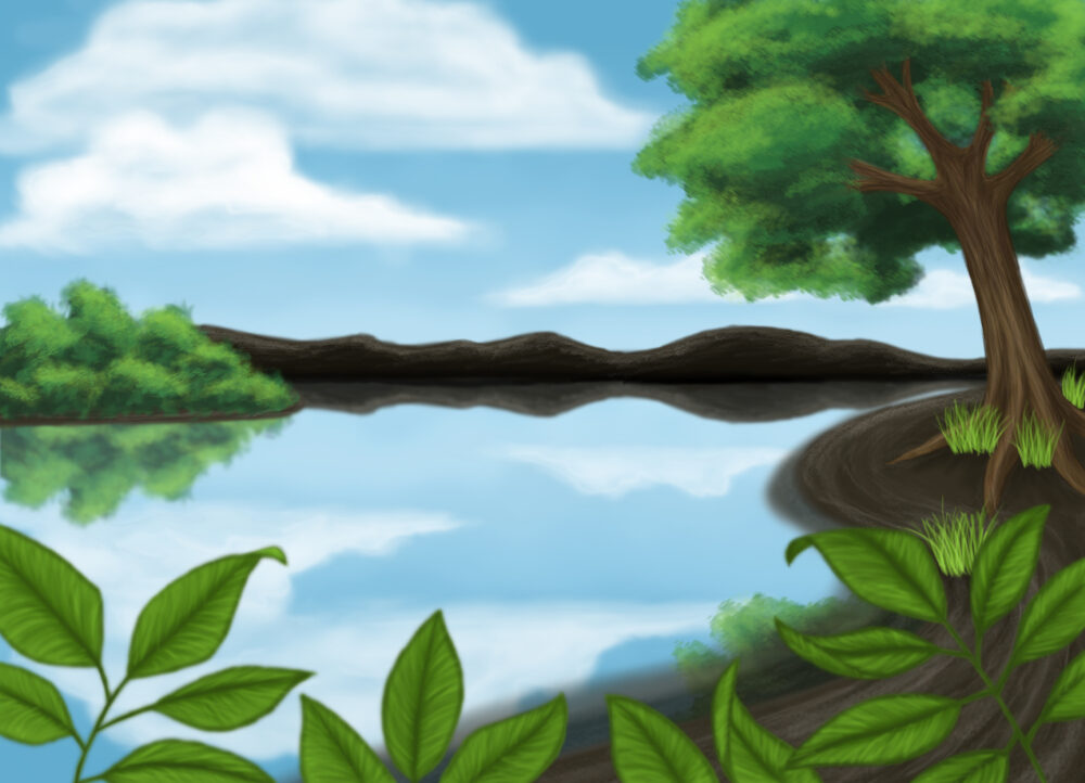 Digital painting of a lake landscape where the lake mirrors the blue sky above.