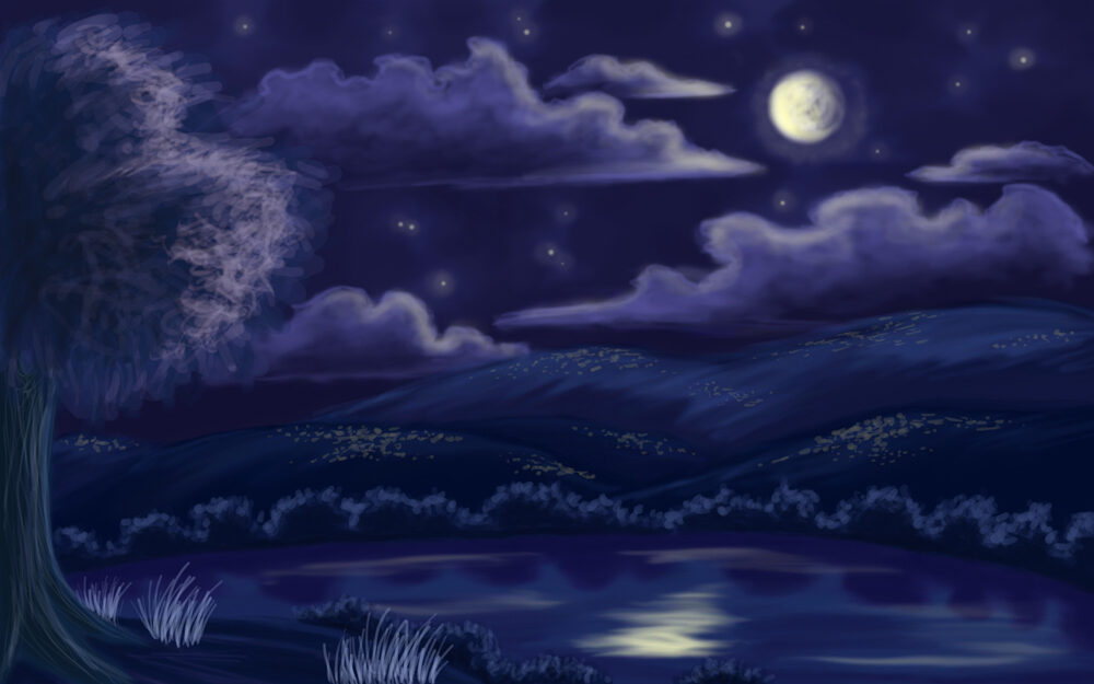 Digital painting of a night landscape with a lake and hills in the background.