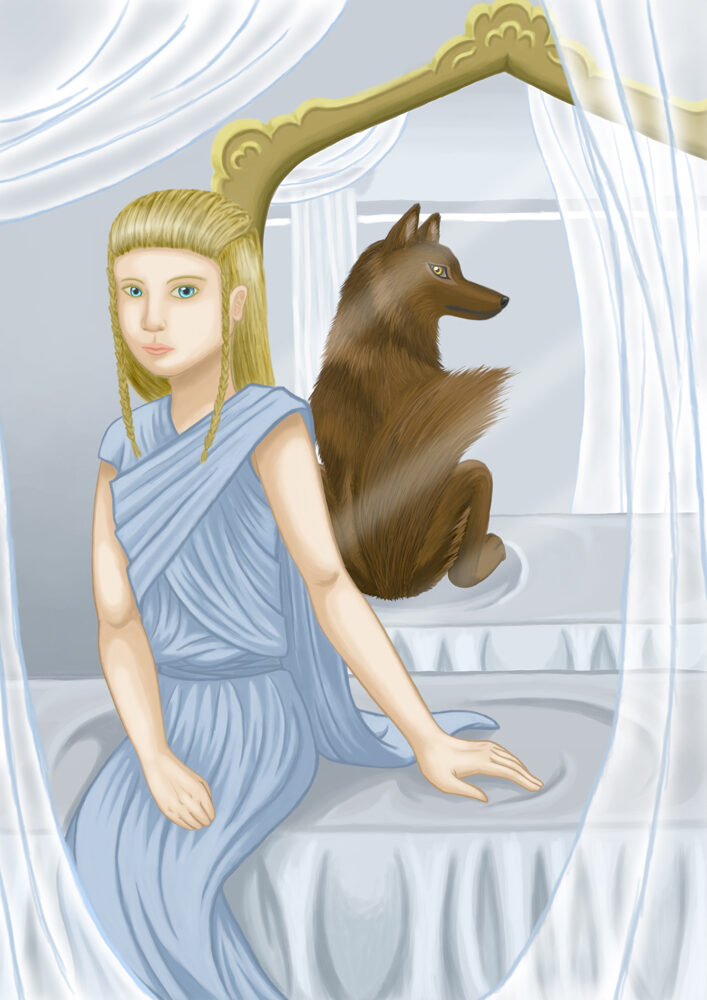 Digital painting of a young woman sitting on a bed with a mirror behind her that reflects a brown wolf in her place.