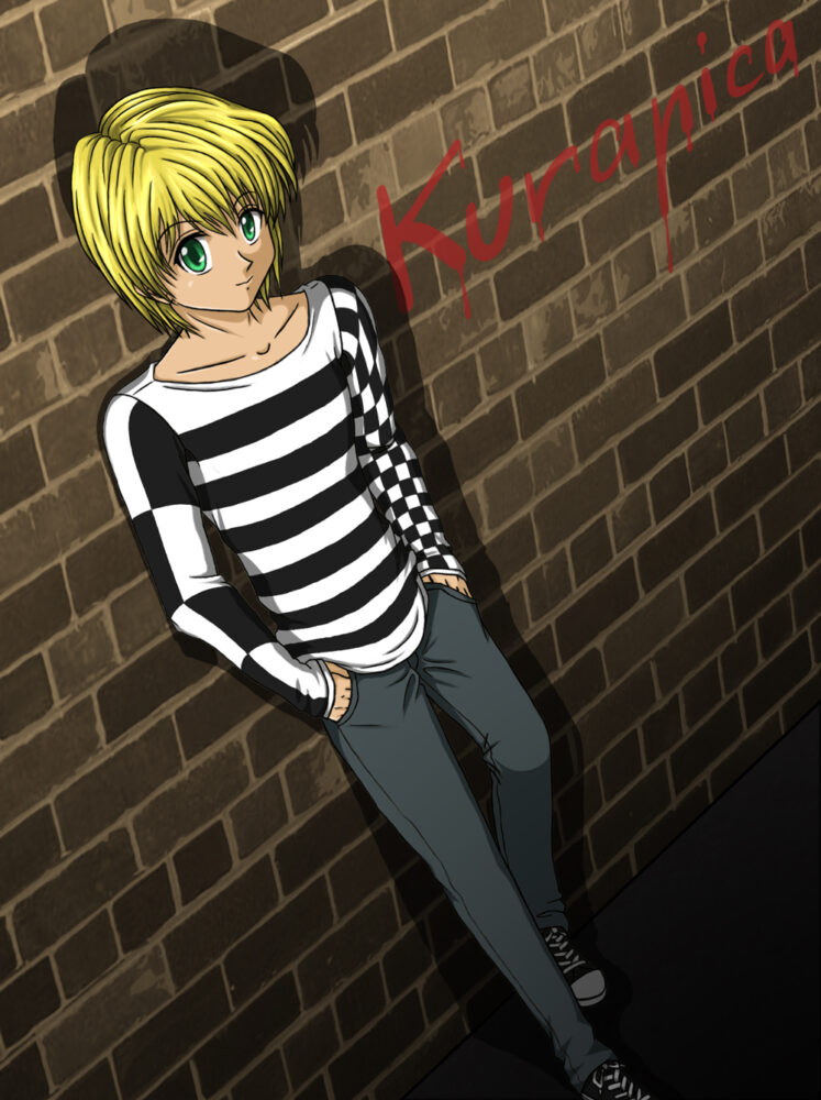 Digital illustration of Kurapika standing, wearing a black and white top, leaning on a brick wall with red graffiti paint of his name on the wall.
