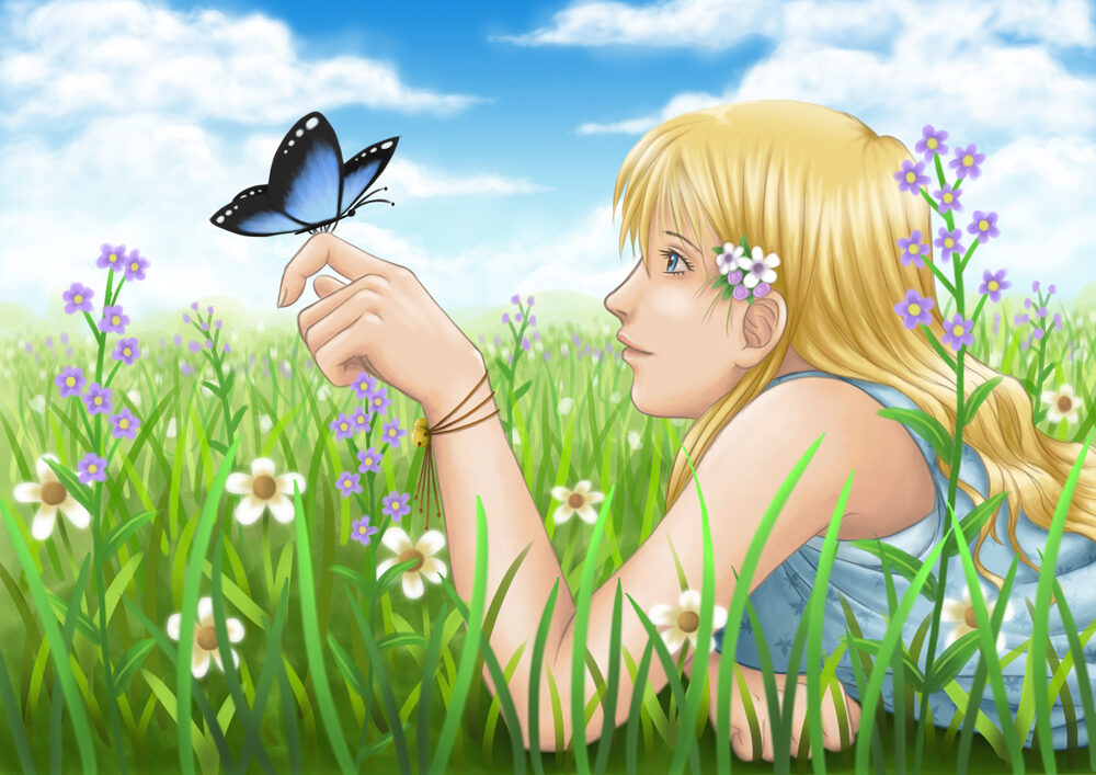 Digital painting of a blonde young woman lying in a grass field staring at a blue butterfly perched on her finger.
