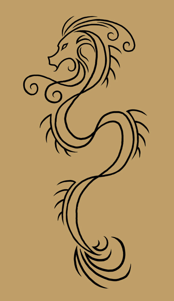 Digital illustration of a dragon tattoo on brown background.