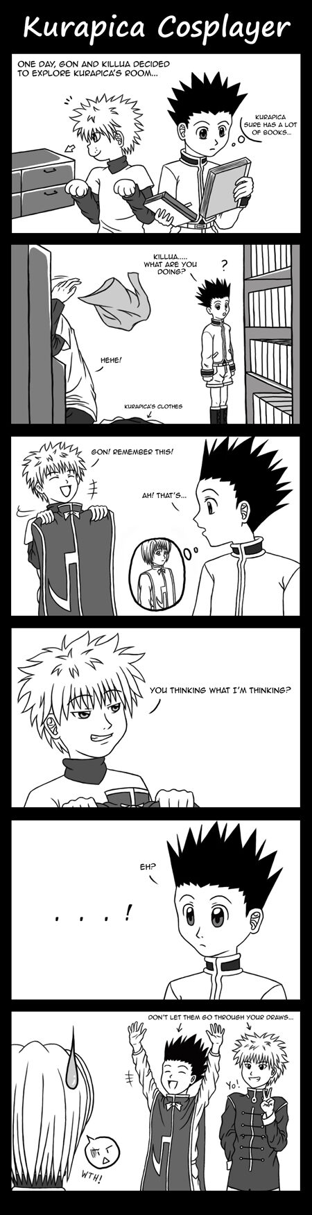 Kurapica Cosplayer comic. One day, Gon and Killua decided to explore Kurapica's room... And ended up finding his clothes and wearing them to show off to Kurapica.