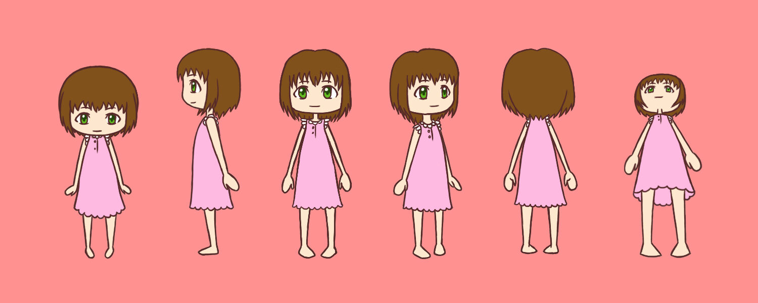 Digital illustration of the little girl standing showing multiple angles.