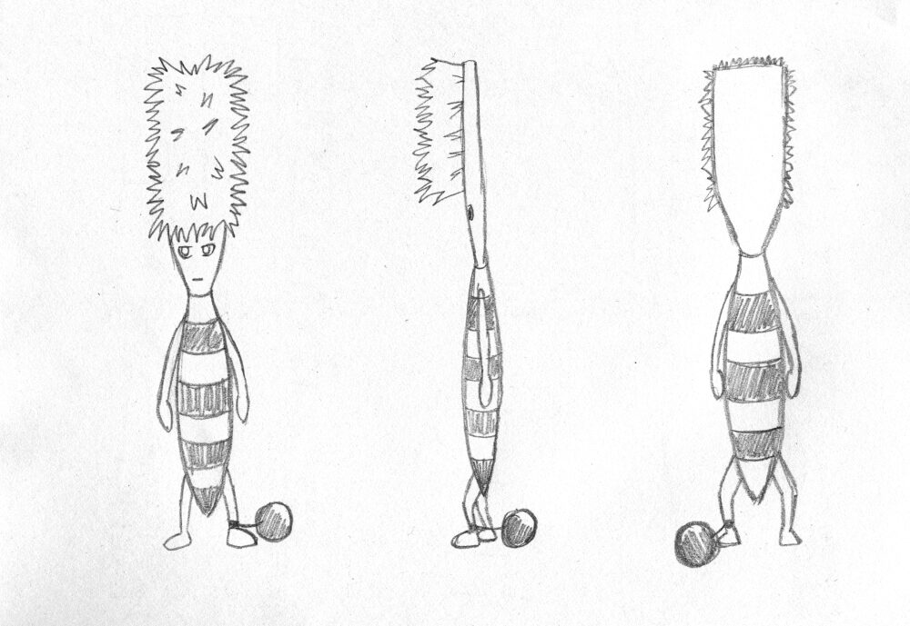 Pencil drawing of T.B's design showing front, side and back.