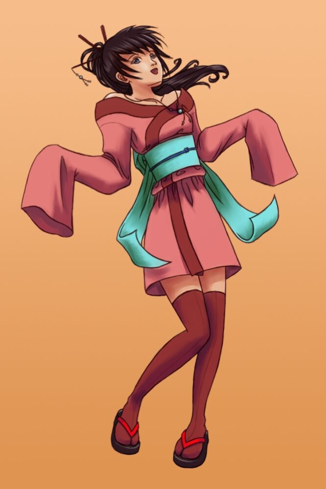 Digital illustration of a girl with long dark hair wearing a short, pink, long sleeve kimono.