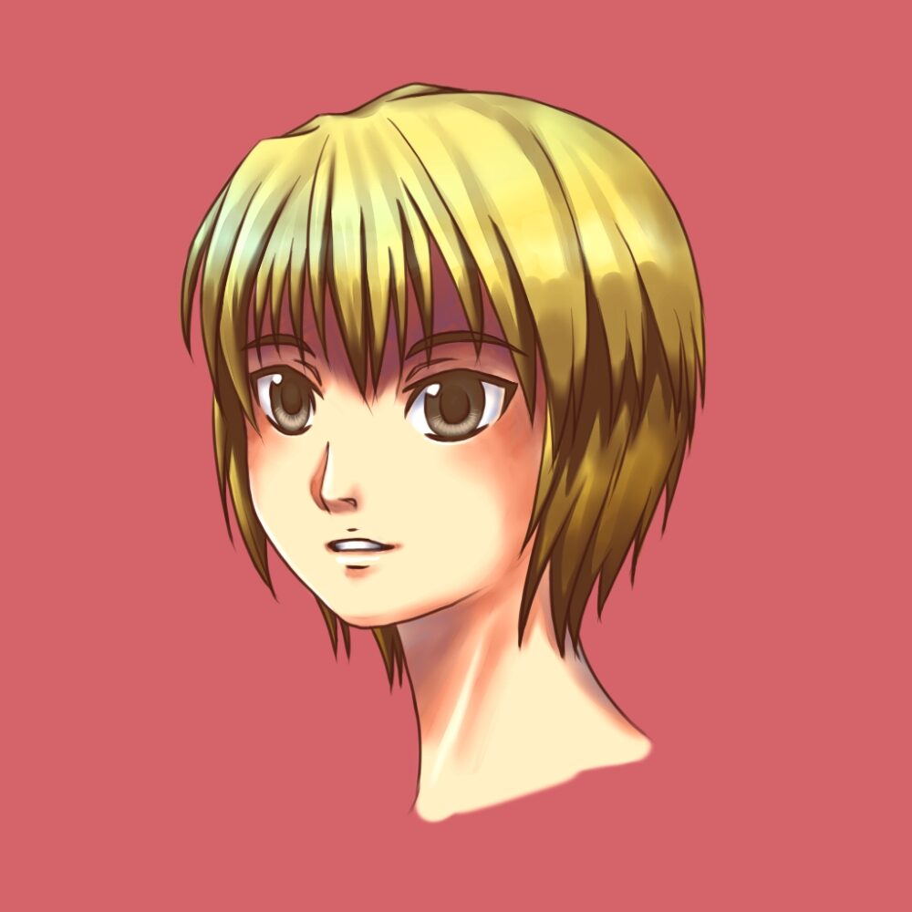 Digitally painted headshot of Kurapika with a reddish-pink background.