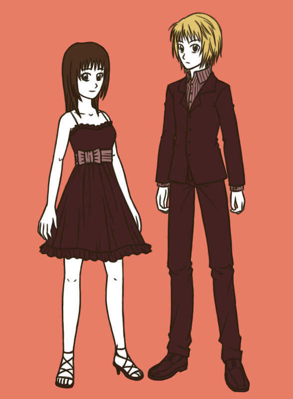 Digital illustration of Oc Leona and Kurapika standing, wearing formal wear.