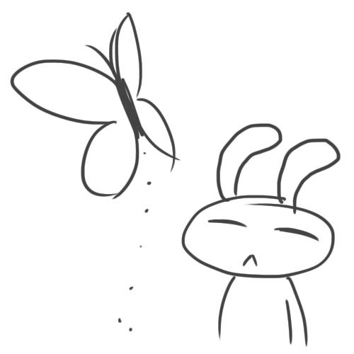 Rough digital sketch of a rabbit-like character called Mocki, staring up at a butterfly.