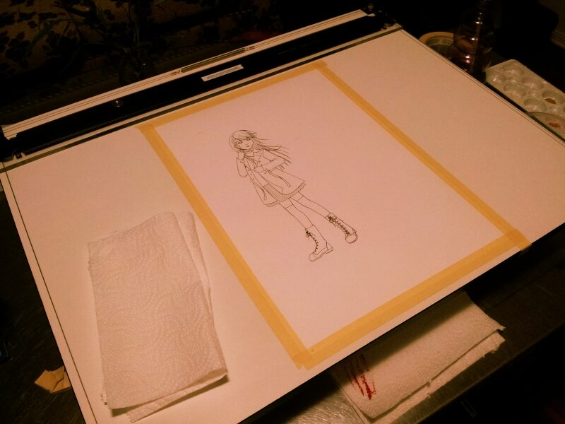 WIP photo of Autumn Wind lineart page taped to a board.