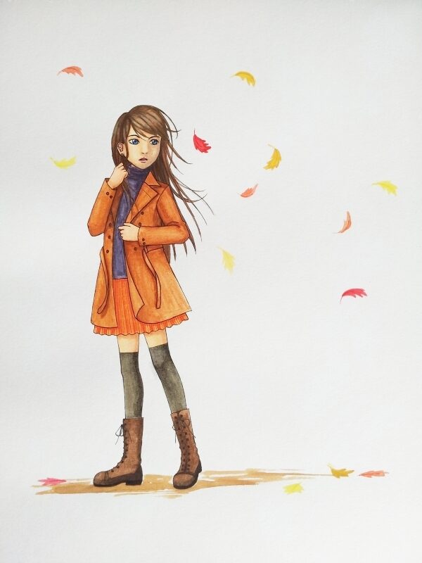 A watercolour painting of a girl wearing a brown coat looking behind her at floating autumn leaves.