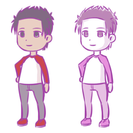 Digital illustration of a chibi Russell in two different colour versions.