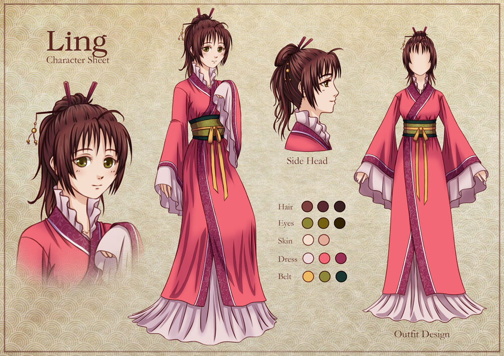 Digital illustration of Ling wearing a pink Chinese hanfu outfit, showing her bustshot, full body, side of her head, outfit design and colour scheme palette in dots for Ling's hair, eyes, skin, hanfu dress and belt.