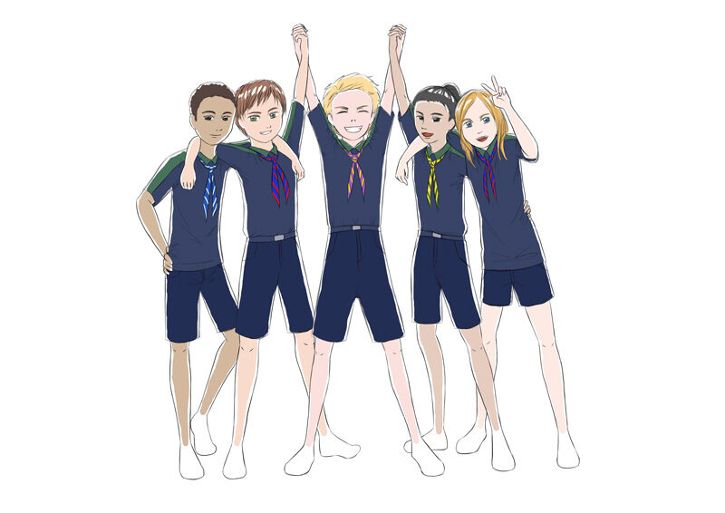 Digital illustration of a group of teenagers posing together, wearing scout clothing.