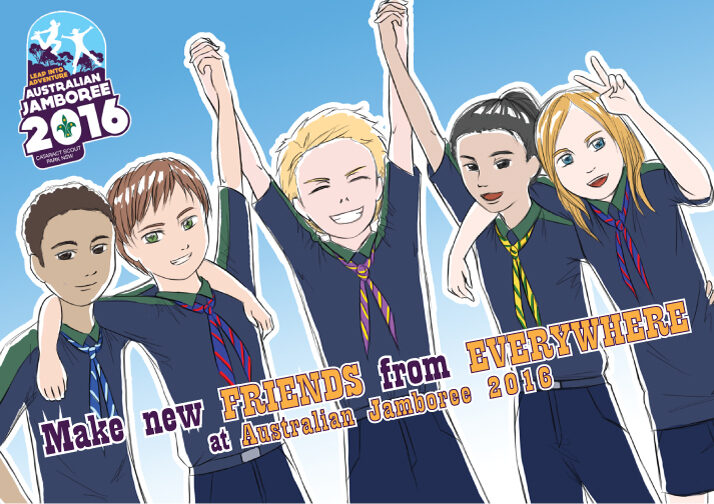 Digitally illustrated post card for Australian Jamboree 2016, saying "Make new friends from everywhere at Australian Jamboree 2016".