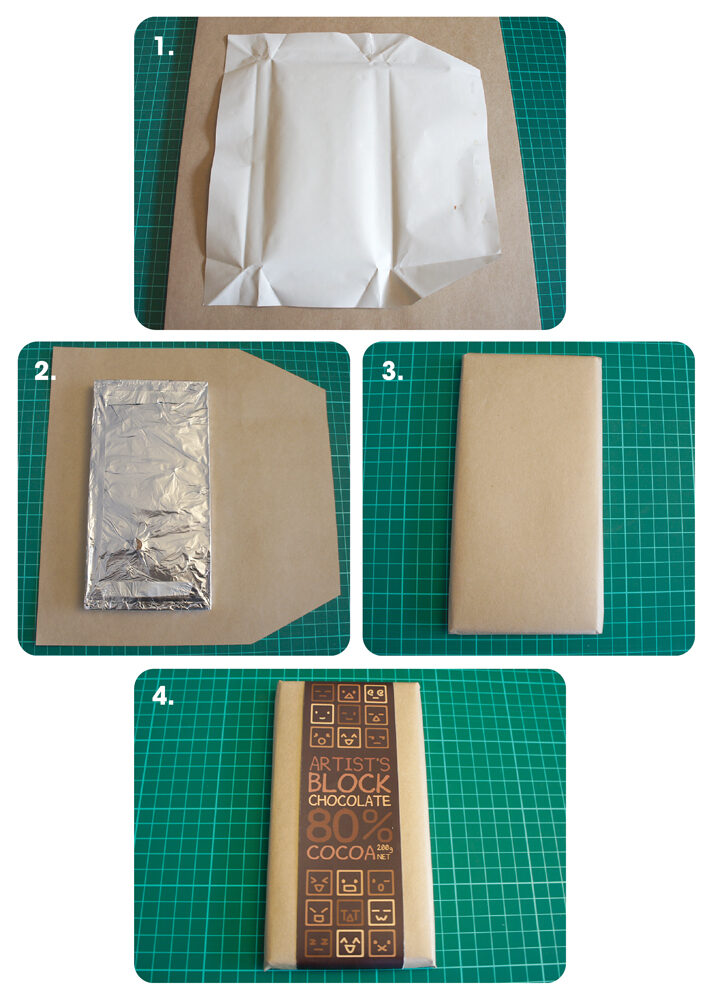 Four instructional photos of how to package the Artist's Block Chocolate product packaging.