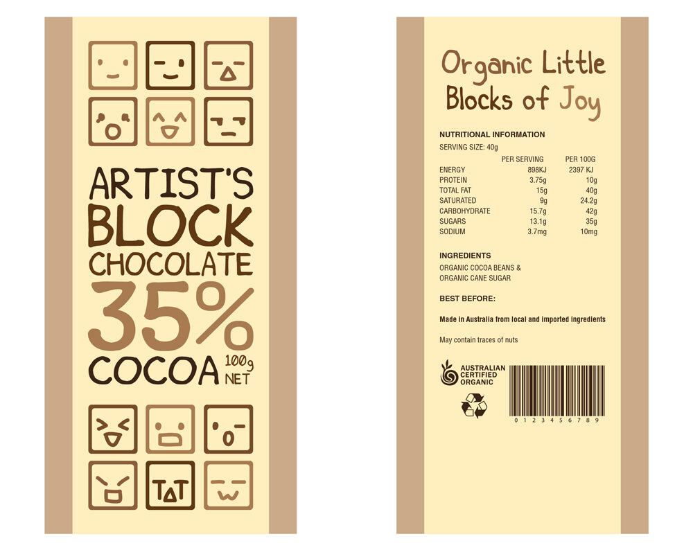 Front and back design of the Artist's Block Chocolate label for 35% cocoa.