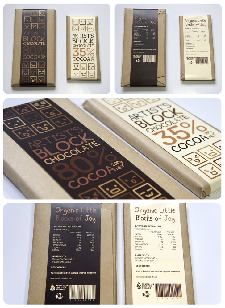 Photo collage of the white and dark Artist's Block Chocolate mock-up packaging.