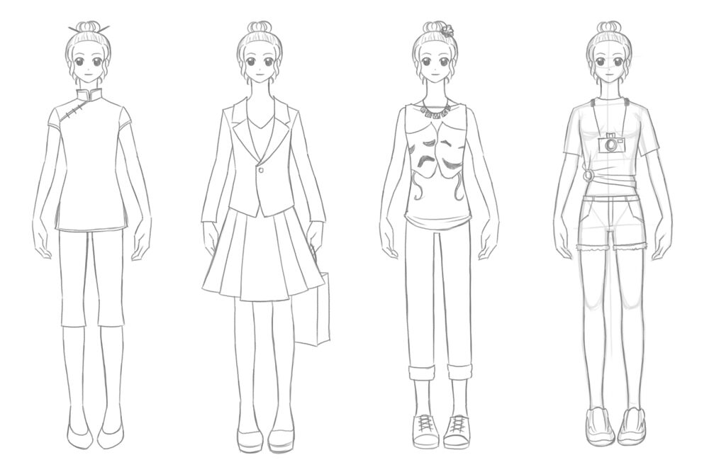 Digital sketches of the mascot character wearing four different outfits.