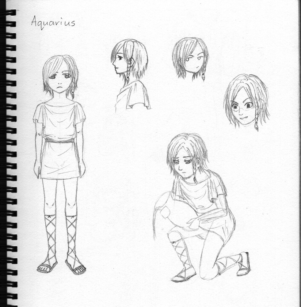 Pencil sketch designs of Ganymede wearing a tunic and laced sandals.