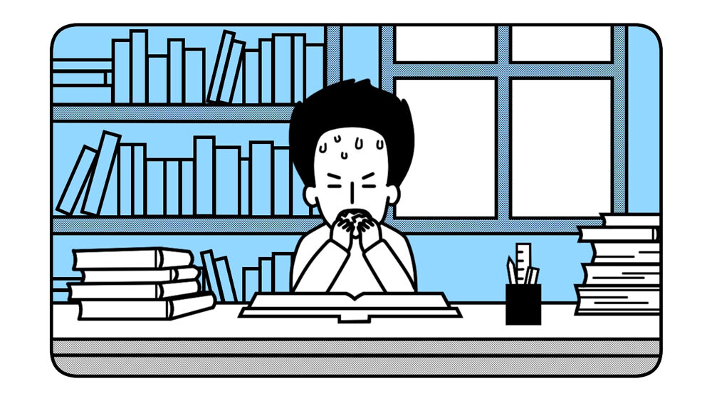 Shot of the boy stuffing into his mouth. a page of his textbook and his head is visibly expanding.