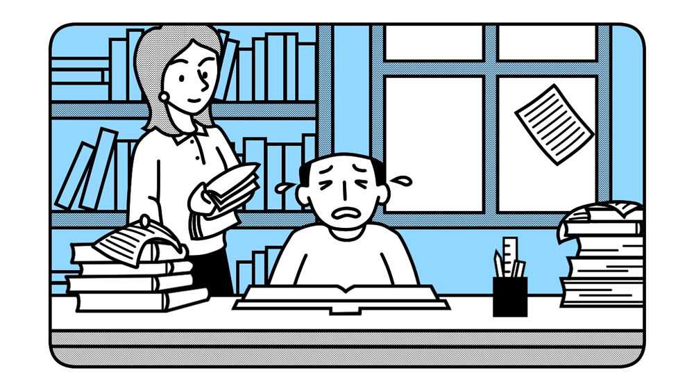 Shot of the boy crying with the top half of his head missing. Pages of his textbook are scattered around his study room, and a woman is picking up the scattered pages.