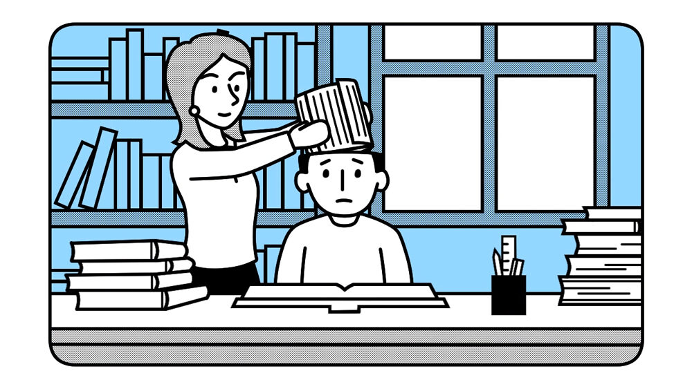 Shot of the women back in the boy's study room, putting a large roll of textbook pages into the boy's open head.