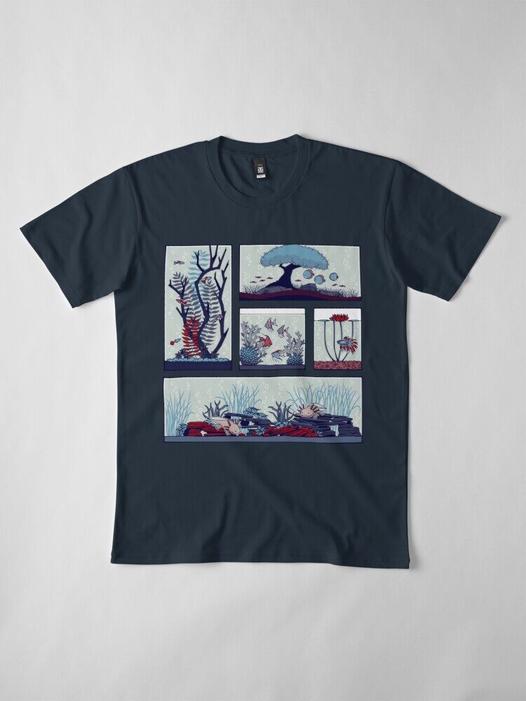 Photo mock-up of 'Aquariums' on a graphic tshirt.