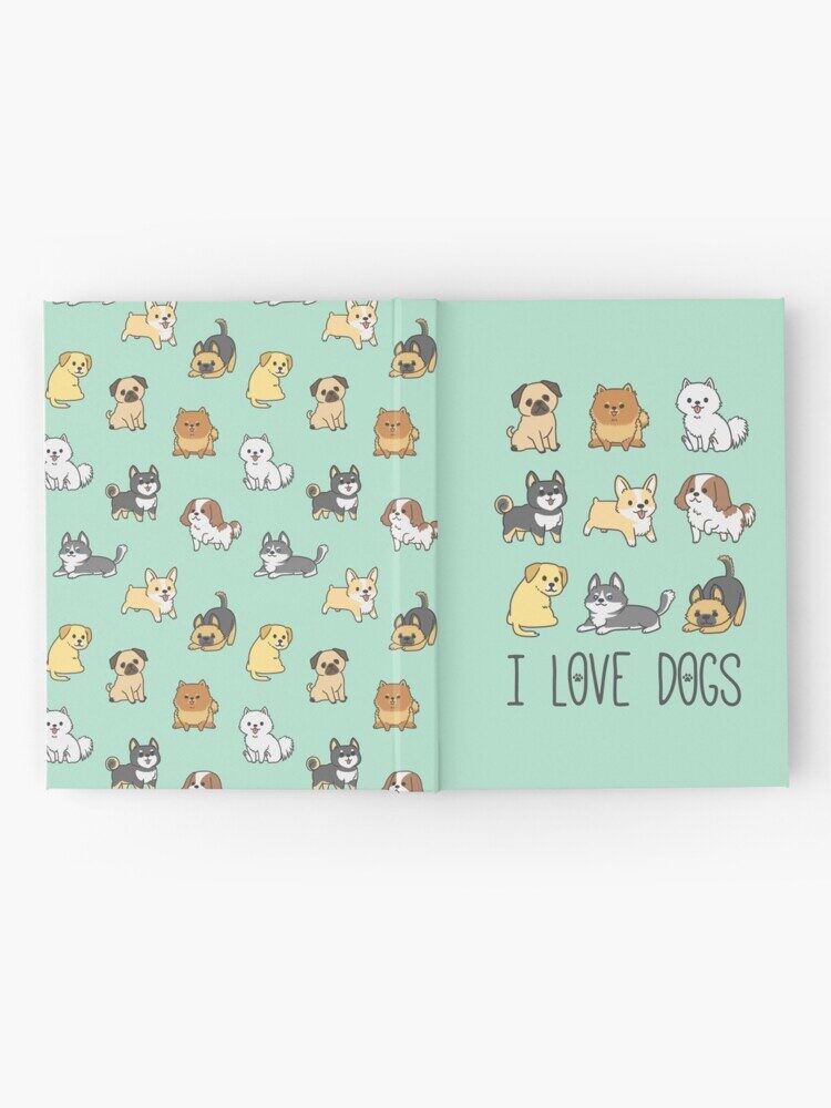 Photo mock-up of 'I Love Dogs' and 'Chibi Dogs Pattern' printed on a hard cover book.
