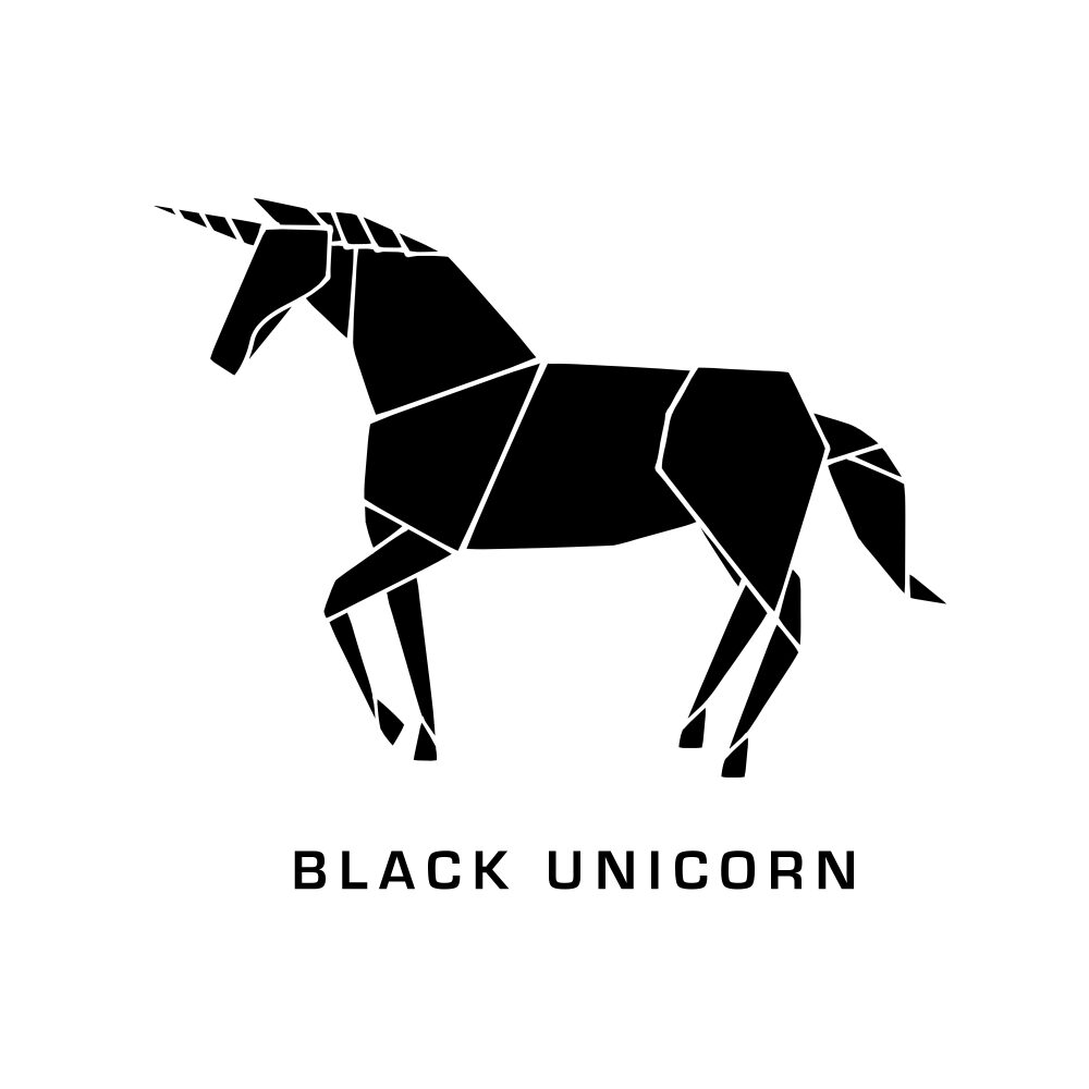 Digital design of a black origami unicorn against white background with the black text "Black Unicorn".