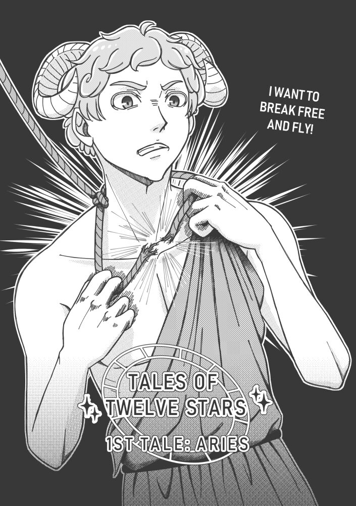 "Tales of Twelve Stars, 1st Tale: Aries" book cover. Text: "I want to break free and fly!"