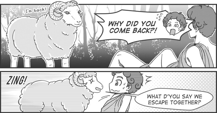 Panel 8 text: Ram "I'm back" Hamal "Why did you come back?!" Panel 9 text: "ZING!" Ram "What d'you say we escape together?"