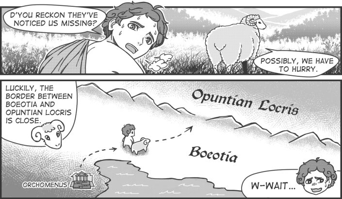 Panel 10 text: Hamal "D'you reckon they've noticed us missing?" Ram "Possibly, we have to hurry." Panel 11 text: Ram "Luckily, the border between Boeotia and Opuntian Locris is close." Hamal "W-wait.."