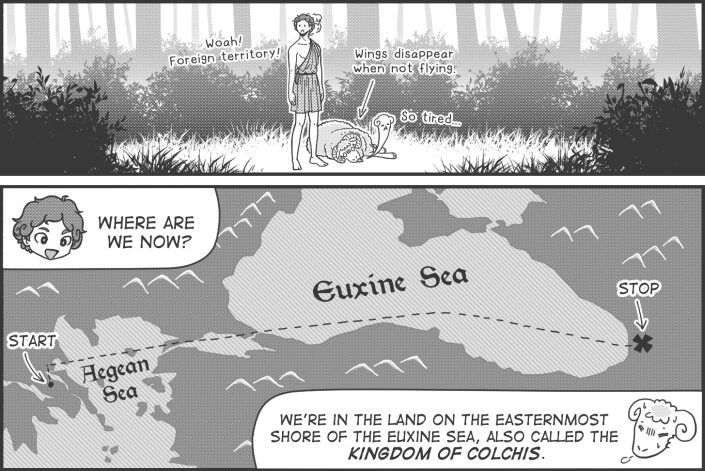 Panel 15 text: Hamal "Woah! Foreign territory!" Narrator "Wings disappear when not flying." Ram "So tired". Panel 16 text: Hamal "Where are we now?" Ram "We're in the land on the easternmost shore of the Euxine Sea, also called the Kingdom of Colchis."