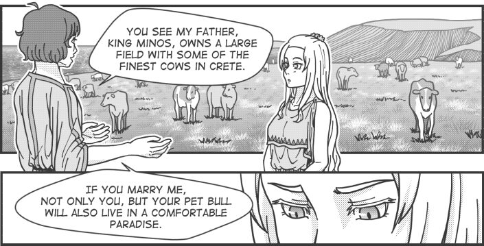 Panel 10 text: Catreus "You see my father, King Minos, owns a large field with some of the finest cows in Crete." Panel 11 text: Catreus "If you marry me, not only you, but your pet bull will also live in a comfortable paradise."