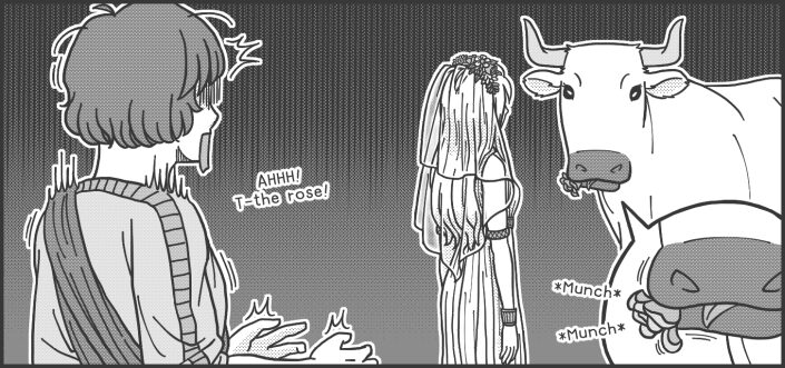 Panel 16 text: Catreus "Ahhh! T-the rose!" Bull "Munch Munch"
