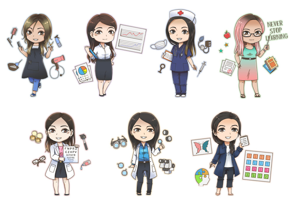 Digital coloured illustration of seven chibis in different job occupation uniforms.