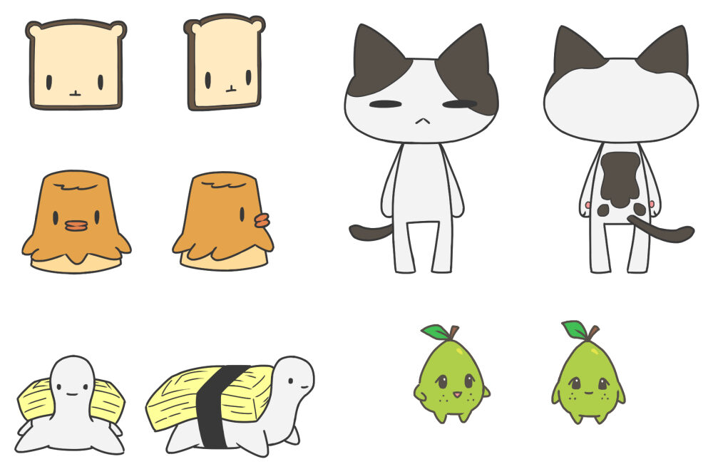 Digital coloured illustration character design concepts of a toast bear, a pudding chick, a tamago sushi turtle, a white and black standing cat, and a chibi pear with mini arms and legs.