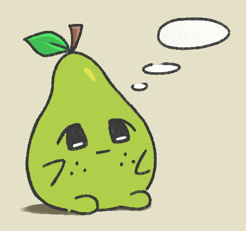 Digital coloured illustration of Freckle Pear sitting on the ground and thinking with thought bubbles.