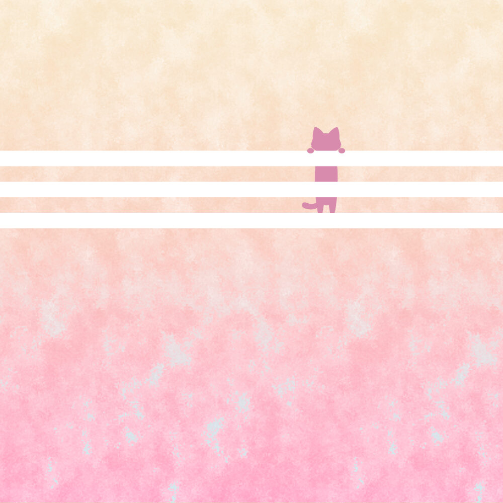 Digital illustration containing a pink cat standing behind three thick white horizontal stripes against a cloudy sunset-like abstract background.